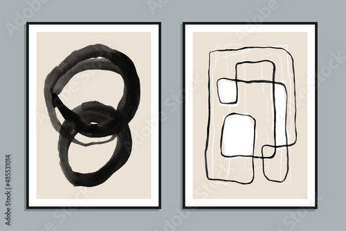 Set of two abstract minimalist hand-painted illustrations for wall decoration, postcard or brochure design. Vector EPS10.