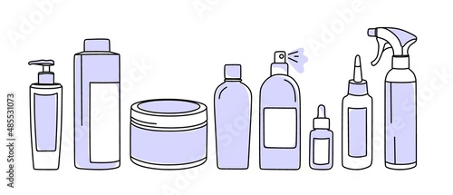 Hair care products. A set of cosmetics. In very peri color Vector illustration in doodle style.
