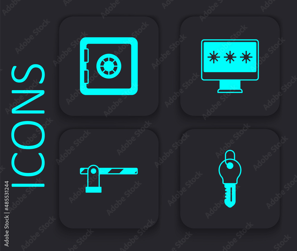 Set Key, Safe, Monitor with password and Parking car barrier icon. Black square button. Vector Set Key, Safe, Monitor with password and Parking car barrier icon. Black square button. Vector