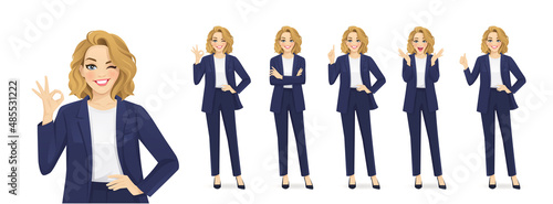 Elegant beautiful business woman in different poses set. Various gestures surprised, pointing, standing with crossed hands, showing thumb up and ok sign isolated vector ilustration photo