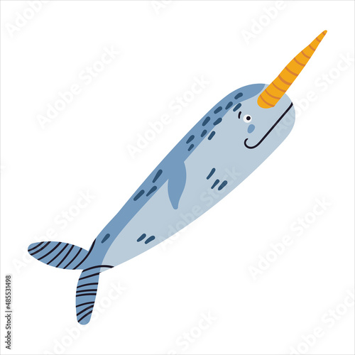 Cute little blue narwhal vector illustration. Funny hand drawn sea world character. Happy animal isolated on white background. Childish t shirt print design