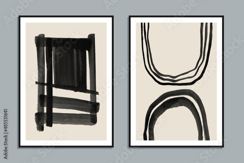Set of two abstract minimalist hand-painted illustrations for wall decoration, postcard or brochure design. Vector EPS10.