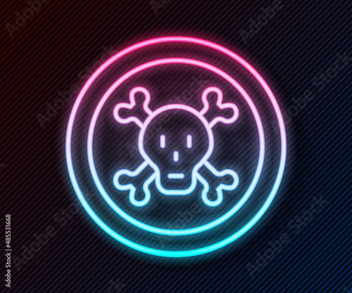 Glowing neon line Bones and skull as a sign of toxicity warning icon isolated on black background. Vector