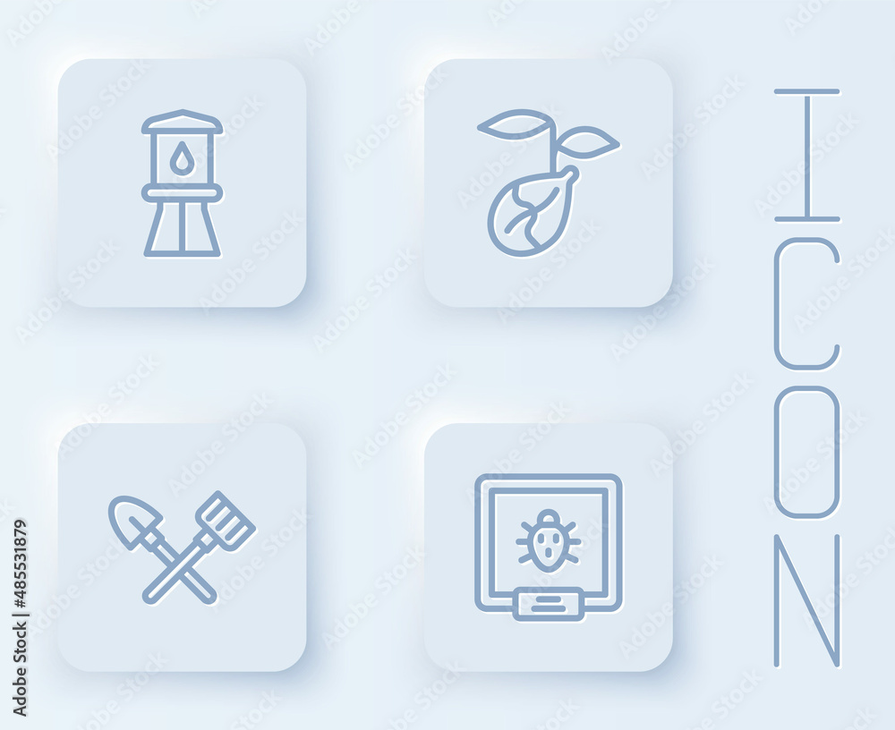 Set line Water tower, Sprout, Shovel and rake and Colorado beetle. White square button. Vector Set line Water tower, Sprout, Shovel and rake and Colorado beetle. White square button. Vector