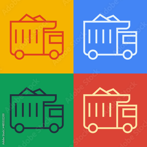 Pop art line Large industrial mining dump truck icon isolated on color background. Big car. Vector