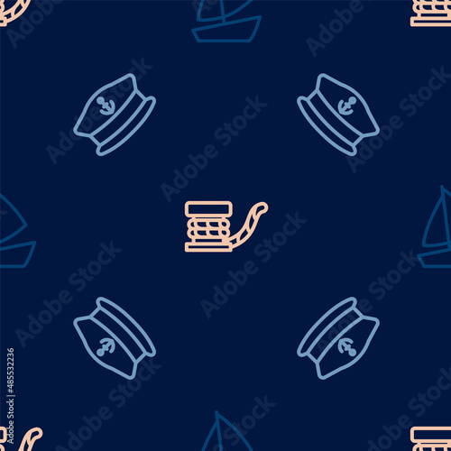 Set line Yacht sailboat, Captain hat and Marine bollard with rope on seamless pattern. Vector