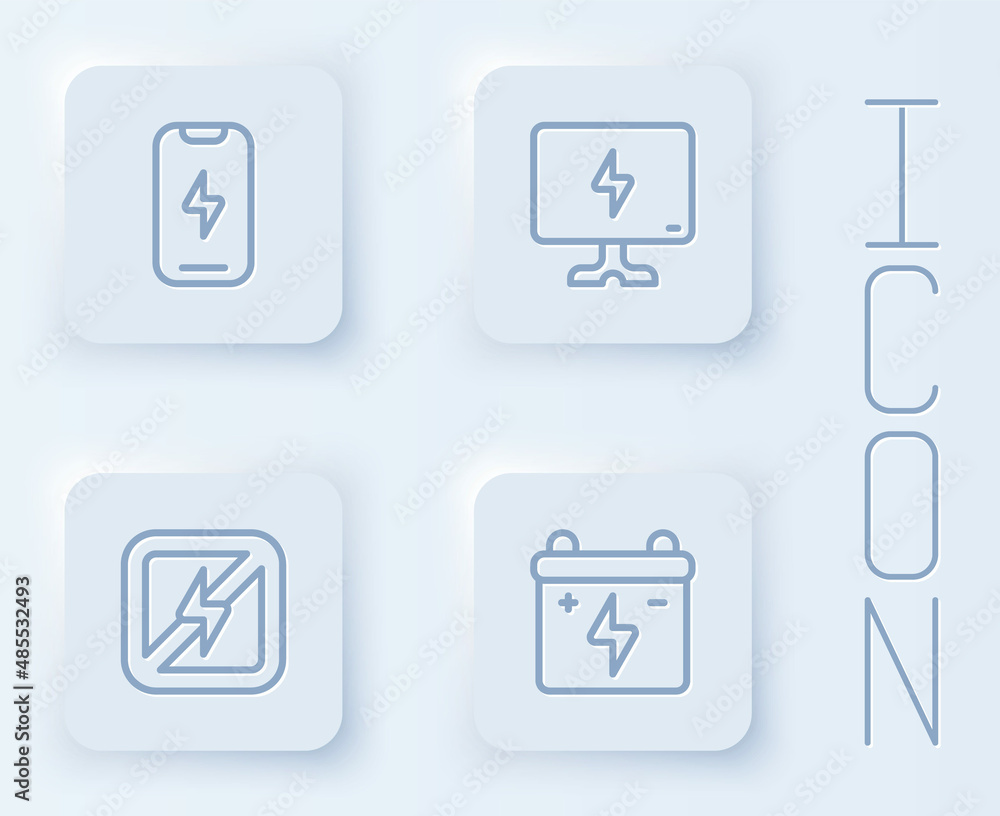 Set line Mobile phone, Smart Tv, No lightning and Car battery. White square button. Vector Set line Mobile phone, Smart Tv, No lightning and Car battery. White square button. Vector