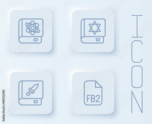 Set line Book about physics, Jewish torah book, weapon and FB2 File. White square button. Vector