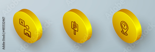 Set Isometric line Taxi driver, Parking and Location taxi car icon. Vector