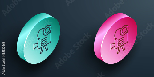 Isometric line Retro cinema camera icon isolated on black background. Video camera. Movie sign. Film projector. Turquoise and pink circle button. Vector