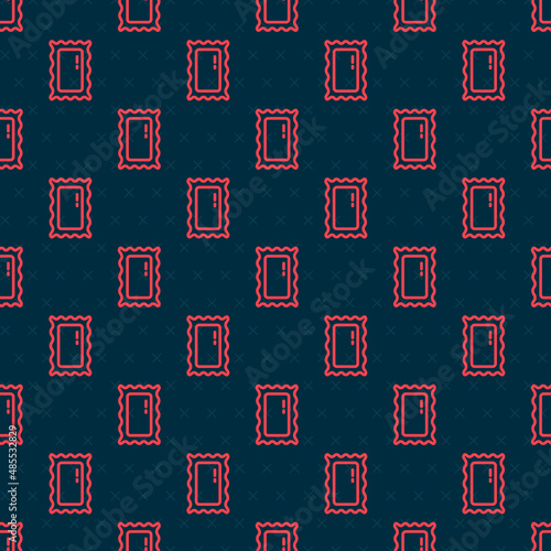 Red line Big full length mirror for bedroom, shops, backstage icon isolated seamless pattern on black background. Vector