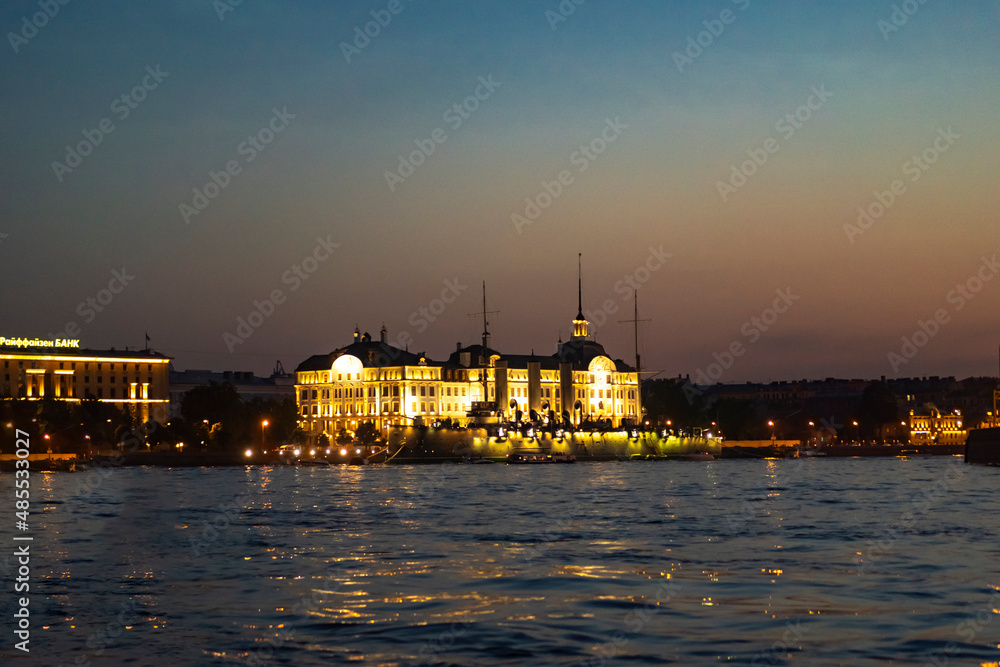night view of illuminated The Nakhimov Naval School in Saint Petersburg, Russia
