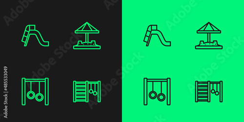 Set line Swedish wall, Gymnastic rings, Slide playground and Sandbox with sand icon. Vector