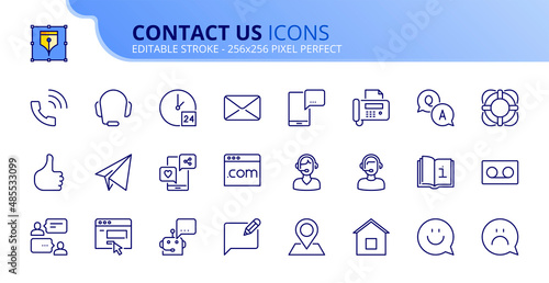 Simple set of outline icons about contact us. Communication concept.