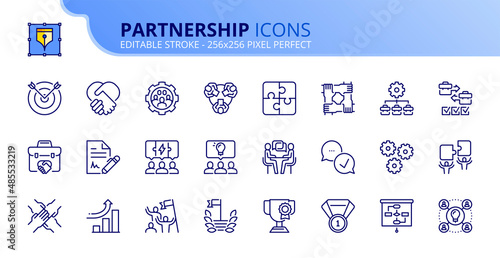 Simple set of outline icons about partnership. Business concept.