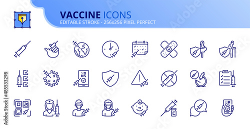 Simple set of outline icons about vaccine. Science and medicine concept.