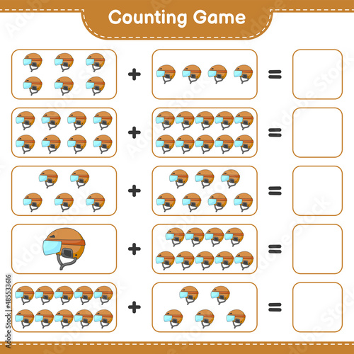 Count and match, count the number of Hockey Helmet and match with the right numbers. Educational children game, printable worksheet, vector illustration