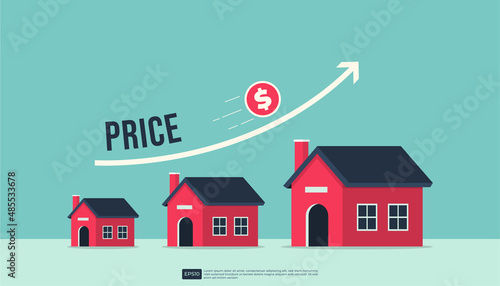 Housing price rising up, real estate or property growth concept with rising curve arrow