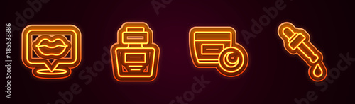 Set line Smiling lips, Perfume, Cream or lotion cosmetic tube and Pipette with oil. Glowing neon icon. Vector