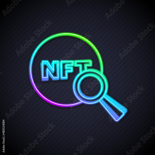 Glowing neon line Search NFT icon isolated on black background. Non fungible token. Digital crypto art concept. Vector