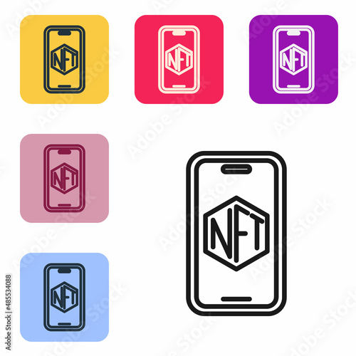 Black line Mobile with art store app icon isolated on white background. Technology of selling NFT tokens for cryptocurrency. Non fungible token. Set icons in color square buttons. Vector