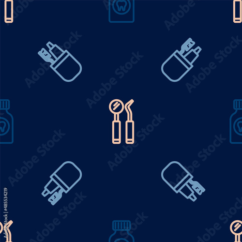 Set line Toothache painkiller tablet, Toothbrush and toothpaste and Dental mirror probe on seamless pattern. Vector