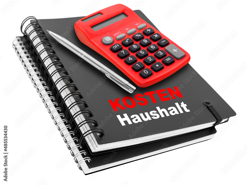 Finanzen mit Notizbuch über Kosten im Haushalt und rotem Rechner auf weissem Hintergrund Finanzen mit Notizbuch über Kosten im Haushalt und rotem Rechner auf weissem Hintergrund