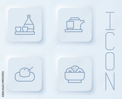 Set line Bottle of sake, Traditional tea ceremony, Mochi and Chow mein plate. White square button. Vector