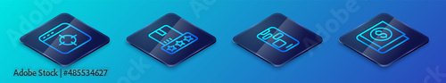 Set Isometric line Mobile 24 hours support, Target financial goal, Financial book and Consumer product rating icon. Vector