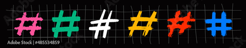 Hashtags, vector ink painted tag icons on white background. Hand Drawn vector illustration.
