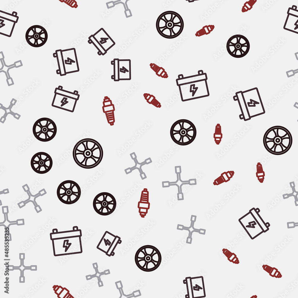 Set line Alloy wheel for car, Car battery, Wheel wrench and spark plug on seamless pattern. Vector Set line Alloy wheel for car, Car battery, Wheel wrench and spark plug on seamless pattern. Vector