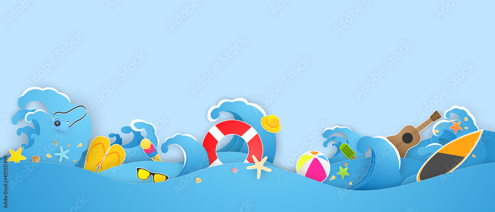 Obraz premium summer sea view with water toys placed on the beach paper cut background and handicraft pattern vector illustration