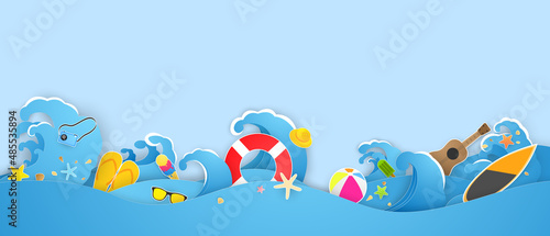 summer sea view with water toys placed on the beach paper cut background and handicraft pattern vector illustration