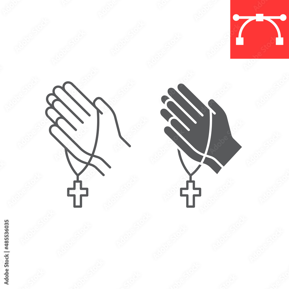 Pray line and glyph icon, hope and christianity, praying hands with rosary vector icon, vector graphics, editable stroke outline sign, eps 10.
