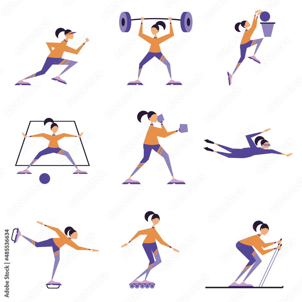 Girls represent various sport and sport games, running, boxing, skating, rollerblading, swimming, football, basketball, skiing, atletics Girls represent various sport and sport games, running, boxing, skating, rollerblading, swimming, football, basketball, skiing, atletics