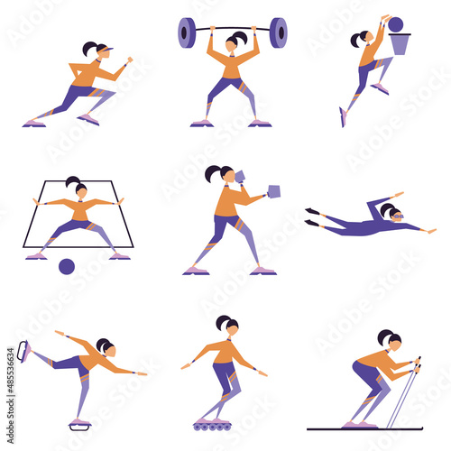 Girls represent various sport and sport games, running, boxing, skating, rollerblading, swimming, football, basketball, skiing, atletics