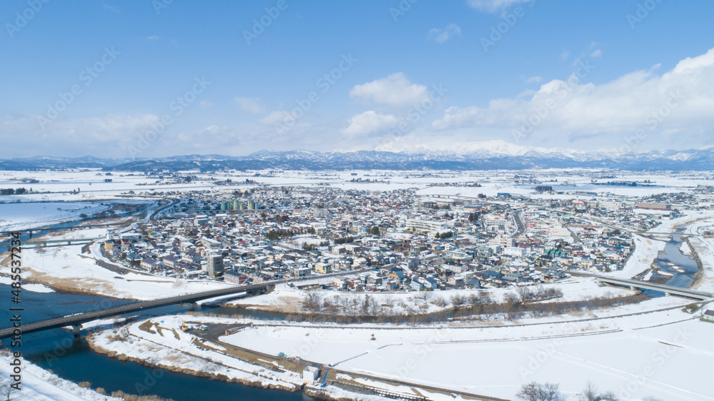 《福島県・喜多方市》冬の塩川町の空撮
