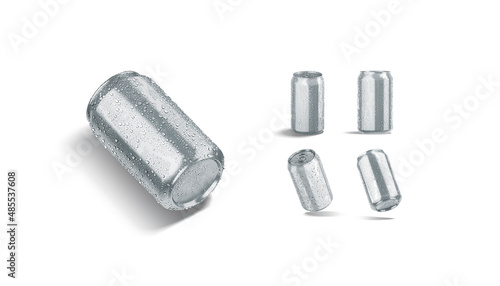 Blank silver aluminum 330 ml soda can drops mockup, different views