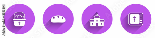 Set Basket with easter eggs, Bread loaf, Church building and Online church pastor preaching icon with long shadow. Vector