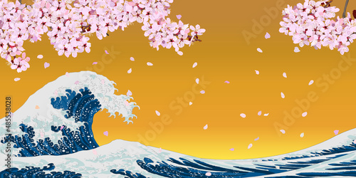 Cherry blossoms and big waves in the golden sky. Ukiyo-e style. Katsushika Hokusai style. Japanese style. vector illustration, copy space, website, sign, poster, greeting card, graphic