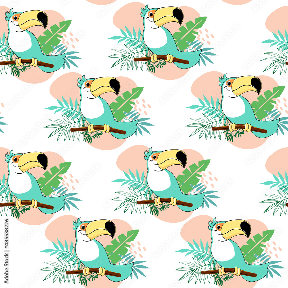 Naklejka premium Cute summer cartoon toucans and tropical leaves seamless pattern. Vector illustration funny animals. Design for t-shirts, greeting card, posters and birthday party