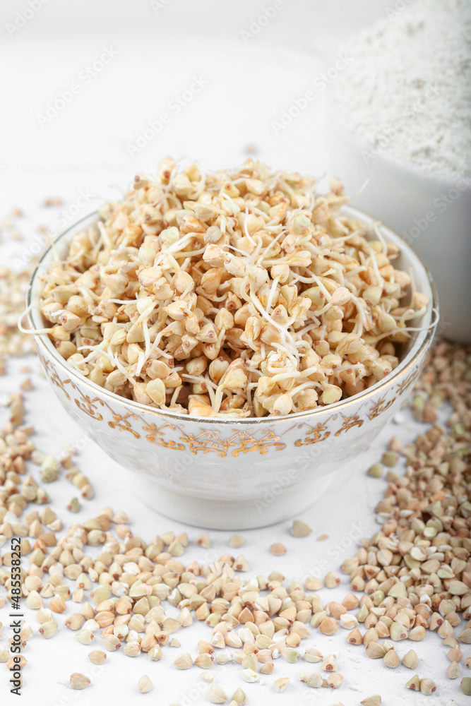 Green sprouted buckwheat in a porcelain bowl on a white background. Flat copy space from above. Healthy vegan food, eco food, diet, organic. Harvest season of new life Green sprouted buckwheat in a porcelain bowl on a white background. Flat copy space from above. Healthy vegan food, eco food, diet, organic. Harvest season of new life