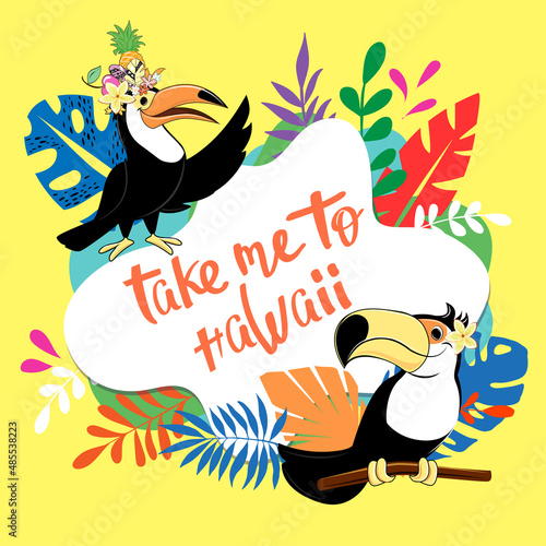 Summer banner with tropical leaves and cartoon summer toucans. T-shirt design, postcard, wallpaper, print, sale