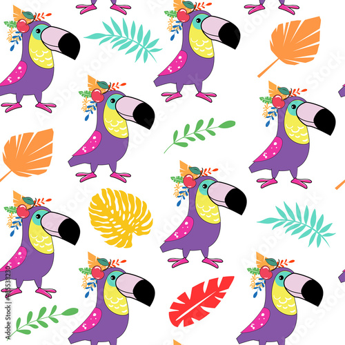 Cute summer cartoon toucan and tropical leaves seamless pattern. Vector illustration design for t-shirts and birthday party, greeting card. Flat lay style