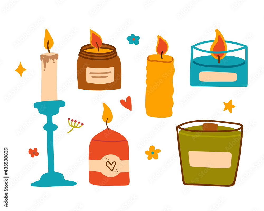 Various candles set. Different shapes and sizes in jars and cups. Decorative aroma wax candles spa, home decor, aroma therapy. Various candles set. Different shapes and sizes in jars and cups. Decorative aroma wax candles spa, home decor, aroma therapy.