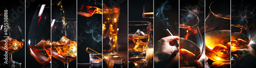 Collage with glasses whiskey or other alcohol, cubes ice, smoking cigar photo