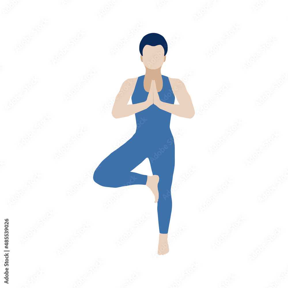 Vrikshasana, the tree pose is one of the most ancient asanas. A girl in a sporty blue jumpsuit stands on one leg. Vector illustration isolated on a white background for design and web.