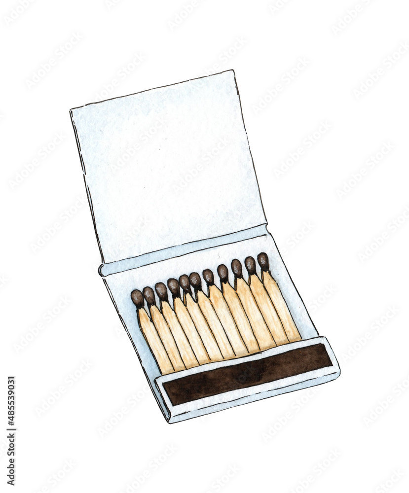 Watercolor illustration of an open book of matchboxes full of red-headed matches. Get the flame. Light the fire. Burnt wooden stick. Hand drawn doodles. Isolated on white background. Drawn by hand. Watercolor illustration of an open book of matchboxes full of red-headed matches. Get the flame. Light the fire. Burnt wooden stick. Hand drawn doodles. Isolated on white background. Drawn by hand.