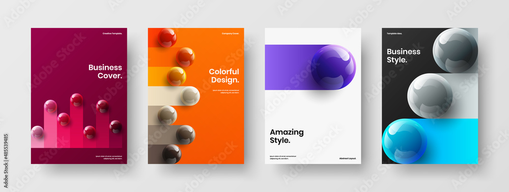Vivid company brochure vector design illustration composition. Premium 3D balls flyer template collection.