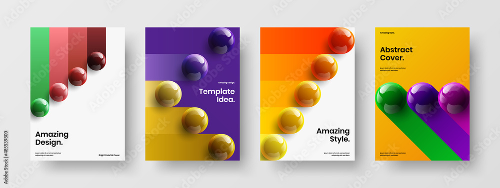Simple book cover A4 design vector template set. Premium 3D spheres flyer layout bundle.